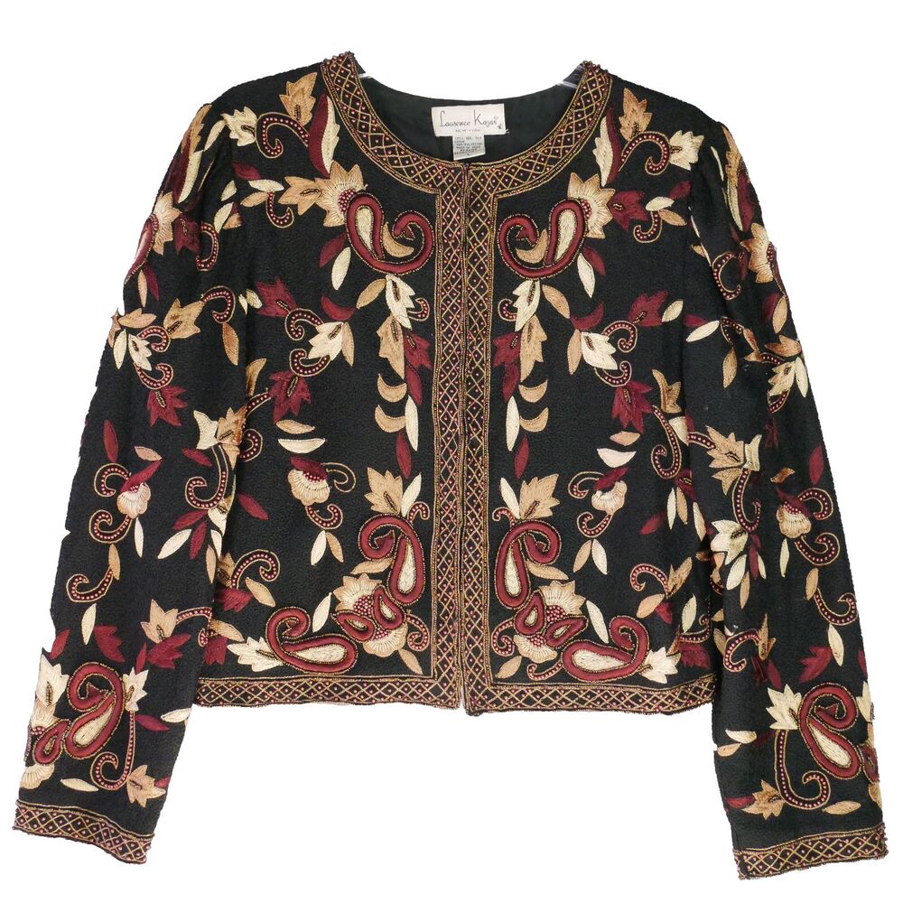 Laurence Kazar New York Womens Size L Silk Beaded Embroidered Cropped Jacket VTG